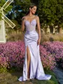 Endearing Sheath V-Neck Sequin Sweep Train Silk Like Satin Corset Prom Dress