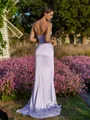 Endearing Sheath V-Neck Sequin Sweep Train Silk Like Satin Corset Prom Dress