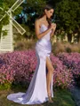 Endearing Sheath V-Neck Sequin Sweep Train Silk Like Satin Corset Prom Dress