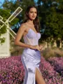 Endearing Sheath V-Neck Sequin Sweep Train Silk Like Satin Corset Prom Dress