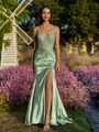 Tasteful Sheath V-Neck Appliques Lace Sweep Train Silk Like Satin Corset Prom Dress