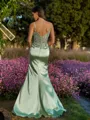 Tasteful Sheath V-Neck Appliques Lace Sweep Train Silk Like Satin Corset Prom Dress