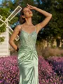 Tasteful Sheath V-Neck Appliques Lace Sweep Train Silk Like Satin Corset Prom Dress