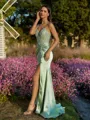 Tasteful Sheath V-Neck Appliques Lace Sweep Train Silk Like Satin Corset Prom Dress