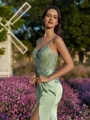 Tasteful Sheath V-Neck Appliques Lace Sweep Train Silk Like Satin Corset Prom Dress
