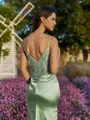 Tasteful Sheath V-Neck Appliques Lace Sweep Train Silk Like Satin Corset Prom Dress