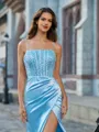 Unique Sheath Spaghetti Straps Beading Sweep Train Silk like Satin Corset Prom Dress