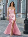 Elegant Sheath Off-the-Shoulder Appliques Lace Sweep Train Silk like Satin Corset Prom Dress