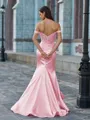 Elegant Sheath Off-the-Shoulder Appliques Lace Sweep Train Silk like Satin Corset Prom Dress