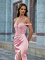 Elegant Sheath Off-the-Shoulder Appliques Lace Sweep Train Silk like Satin Corset Prom Dress
