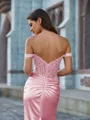 Elegant Sheath Off-the-Shoulder Appliques Lace Sweep Train Silk like Satin Corset Prom Dress