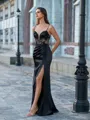 Sophisticated Sheath V-Neck Appliques Lace Sweep Train Silk like Satin Corset Prom Dress