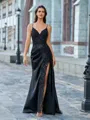 Graceful Sheath V-Neck Appliques Lace Sweep Train Silk like Satin Prom Dress
