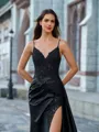 Graceful Sheath V-Neck Appliques Lace Sweep Train Silk like Satin Prom Dress