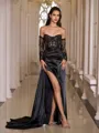 Classy Sheath Sweetheart Long Sleeves Appliques Lace Floor-Length Silk like Satin Corset Prom Dress