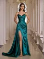 Chic Sheath V-Neck Pleated Sweep Train Silk Like Satin Prom Dress