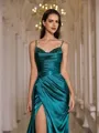 Chic Sheath V-Neck Pleated Sweep Train Silk Like Satin Prom Dress