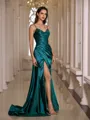 Chic Sheath V-Neck Pleated Sweep Train Silk Like Satin Prom Dress