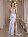 Flattering Sheath Spaghetti Straps Appliques Lace Sweep Train Silk Like Satin Corset Prom Dress