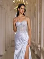 Flattering Sheath Spaghetti Straps Appliques Lace Sweep Train Silk Like Satin Corset Prom Dress