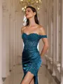 Glamorous Sheath Off-the-Shoulder Appliques Lace Sweep Train Silk Like Satin Corset Prom Dress