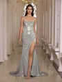 Understated Sheath Cowl Pleated Court Train Metallic Satin Corset Prom Dress