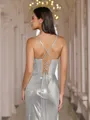 Understated Sheath Cowl Pleated Court Train Metallic Satin Corset Prom Dress