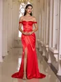 Radiant Sheath Off-the-Shoulder Pleated Court Train Silk like Satin Prom Dress