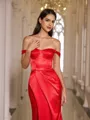 Radiant Sheath Off-the-Shoulder Pleated Court Train Silk like Satin Prom Dress