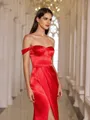 Radiant Sheath Off-the-Shoulder Pleated Court Train Silk like Satin Prom Dress