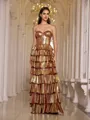 Impeccable A-line Sweetheart Cascading Ruffles Sweep Train Metallic Satin Prom Dress