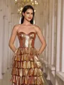 Impeccable A-line Sweetheart Cascading Ruffles Sweep Train Metallic Satin Prom Dress