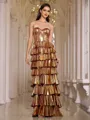 Impeccable A-line Sweetheart Cascading Ruffles Sweep Train Metallic Satin Prom Dress