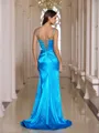 Modest Sheath V-Neck Beading Sweep Train Silk like Satin Corset Prom Dress