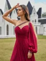 Immaculate A-line One-Shoulder Long Sleeves Beading Sweep Train Chiffon Prom Dress