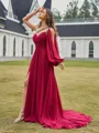 Immaculate A-line One-Shoulder Long Sleeves Beading Sweep Train Chiffon Prom Dress