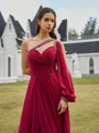 Immaculate A-line One-Shoulder Long Sleeves Beading Sweep Train Chiffon Prom Dress