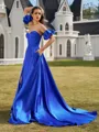 Charming A-line Sweetheart Short Sleeves Sweep Train Silk like Satin Corset Prom Dress