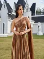 Noble A-line One-Shoulder Pleated Floor-Length Metallic Satin Prom Dress