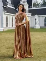 Noble A-line One-Shoulder Pleated Floor-Length Metallic Satin Prom Dress