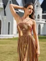 Statuesque A-line Halter Pleated Floor-Length Metallic Satin Prom Dress