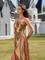 Statuesque A-line Halter Pleated Floor-Length Metallic Satin Prom Dress