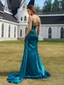 Rhythmic Sheath V-Neck Pleated Sweep Train Silk Like Satin Corset Prom Dress