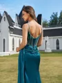 Rhythmic Sheath V-Neck Pleated Sweep Train Silk Like Satin Corset Prom Dress