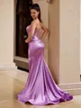 Trendy Sheath Straight Pleated Sweep Train Silk like Satin Corset Prom Dress