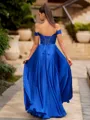 Charming A-line Off-the-Shoulder Appliques Lace Floor-Length Satin Chiffon Prom Dress