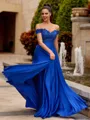 Charming A-line Off-the-Shoulder Appliques Lace Floor-Length Satin Chiffon Prom Dress