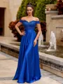 Charming A-line Off-the-Shoulder Appliques Lace Floor-Length Satin Chiffon Prom Dress