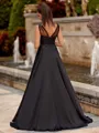 Elegant A-line V-Neck Appliques Lace Sweep Train Satin Chiffon Prom Dress