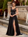 Elegant A-line V-Neck Appliques Lace Sweep Train Satin Chiffon Prom Dress